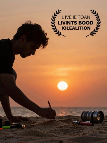 Lifestyle shot of an artist silhouette against a warm terracotta orange sunset, working on the soft sand with professional tools.