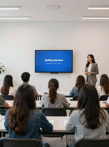 A bright classroom setting in Mexico where parents and educators are observing a digital safety seminar, captured with clean, crisp lighting and modern minimalist interior architecture.