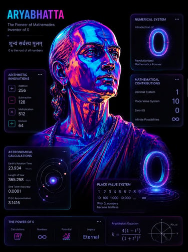 Infographic of ancient mathematician Aryabhatta with neon visuals showcasing his inventions like zero and the decimal system.