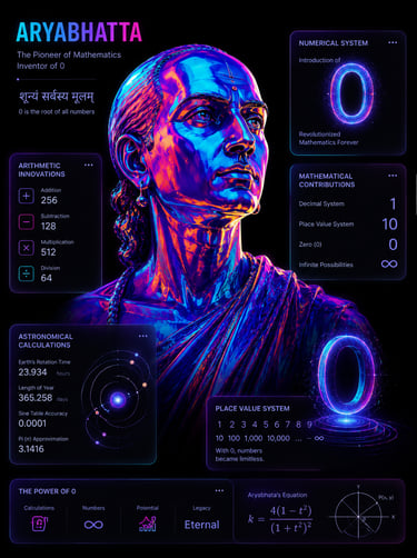 Infographic portrait of ancient Indian mathematician Aryabhatta detailing his contributions to zero, decimal system, and