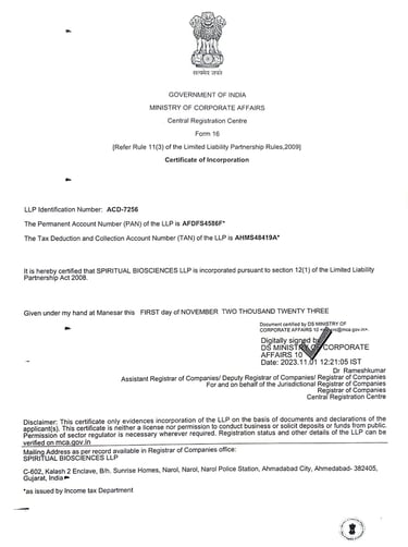 Certificate of Incorporation of Spiritual Biosciences LLP