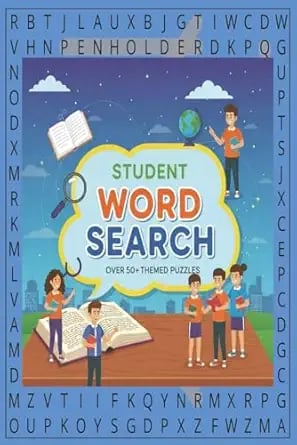 Student word search puzzle book cover with children, books, and educational icons.