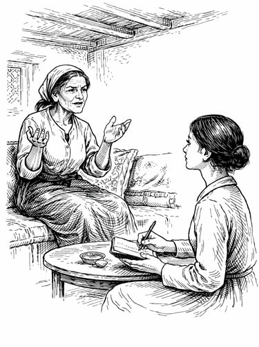 Vintage sketch of an older woman speaking while a young woman takes notes in a notebook.