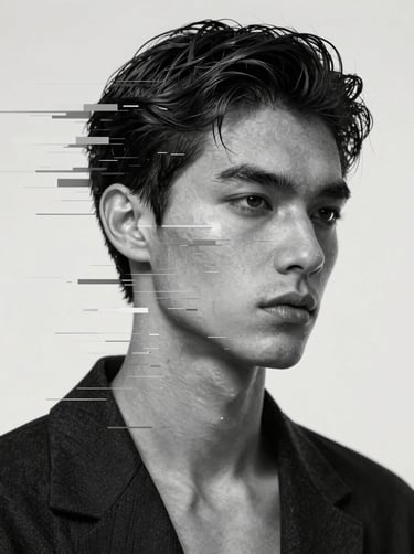 A creative portrait of a male model with digital glitch effects, incorporating Silver Grey and Jet Black tones, high-tech aesthetic, minimalist Off-white background.