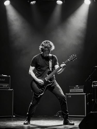 A dark, minimalist and elegant black and white photograph of a rock guitarist mid-solo on a dimly lit stage. Captured in a Western European / Dutch concert venue. The raw emotion is highlighted by dramatic light gray spotlights cutting through the anthracite darkness. Professional live music photography.