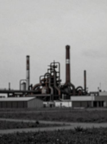 Fine art photography of an industrial landscape, grainy film texture, minimalist composition with muted tones of #8C9CA6.