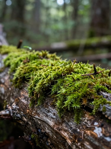 A macro photograph of vibrant green moss covering a weathered fallen log in a dense North American forest, soft morning light filtered through the canopy, shallow depth of field.