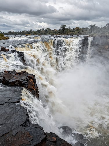 Cinematic wide shot of the Kalandula Falls in Angola, powerful water movement, moody sky, dark slate grey rocks and soft off-white mist.