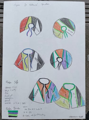 Hand-drawn fashion design sketches of colorful capes with geometric patterns and handwritten construction notes.