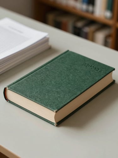 A close-up photograph of a minimalist research library, featuring stack of ivory papers and a dark green #293B37 linen-bound book on a light sage #AEC5BE table. Soft, natural overhead lighting creating a focused, intellectual atmosphere.
