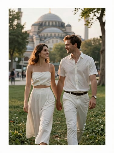 A romantic couple walking through a lush park in Istanbul, Turkey, for a Save the Date shoot. The scene is shot in soft morning light with warm gold highlights and off-white textures in their attire, minimalist and premium style.