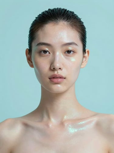 A striking high-resolution portrait of a futuristic model with iridescent skin details, clean studio lighting with soft shadows, minimalist background using colors #98C1D9 and #E0FBFC, representing AI photography innovation.