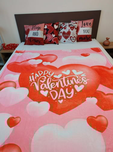 Valentine’s heart pattern flannel throw blanket on bed , soft red love blanket 50x60 for home décor