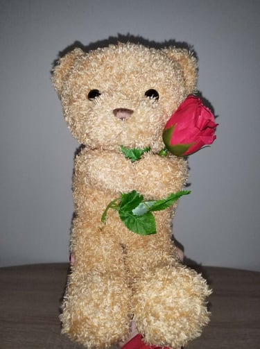 Beige Valentine bear plush holding red rose, soft stuffed animal gift for Valentine’s Day, birthday,
