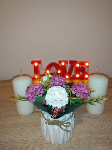 White artificial hydrangea bouquet in ceramic vase, silk flower decoration for table, home, office