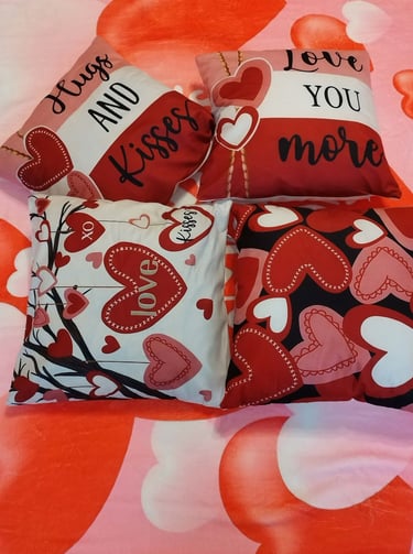 Red heart Valentine’s pillow covers set on sofa, 18x18 decorative throw pillows for Valentine’s Day