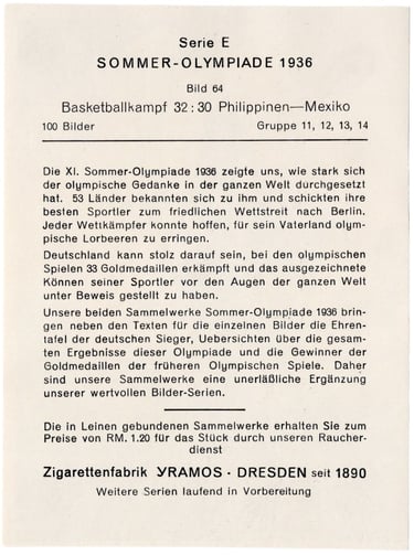 The back of the 1936 Yramos Sommer-Olympiade Basketball Card Phillipines Vs Mexico, Series E #64