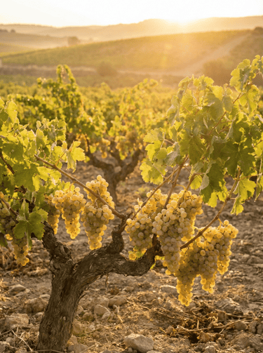Viñedo valenciano al amanecer con racimos de uva blanca para vino bajo en alcohol