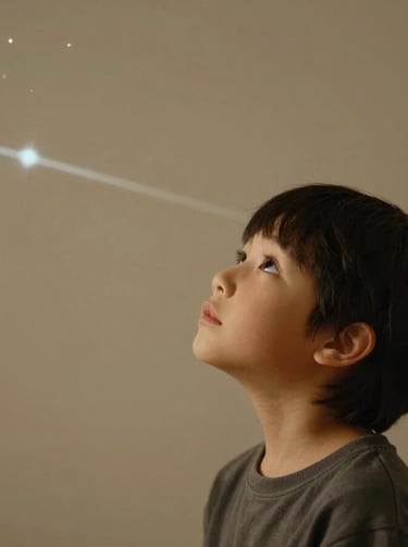A child looking up with quiet wonder, soft warm lighting, astronomical lines faintly projected on the background wall, magical yet elegant atmosphere.