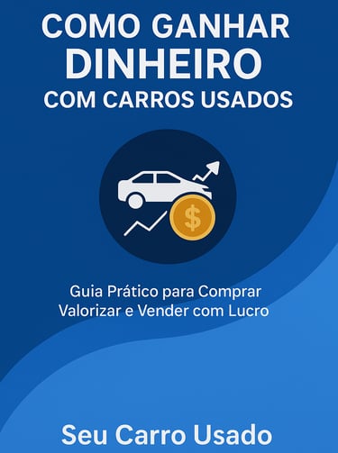 Capa do eBook “Como Ganhar Dinheiro com Carros Usados” com fundo azul, ícone de carro e moeda, e tít