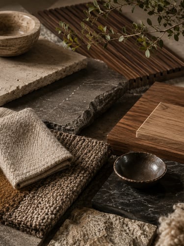 Interior design mood board with earthy stone tiles, wood samples, and textured fabric swatches.