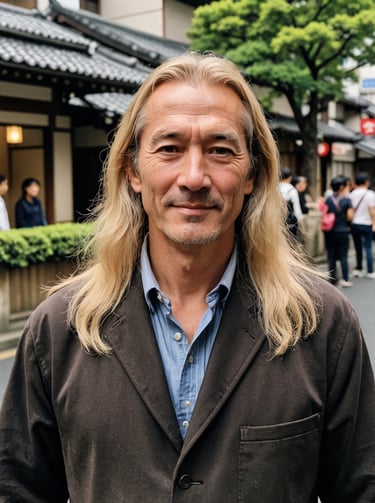 a handsome middle aged man with long blond hair