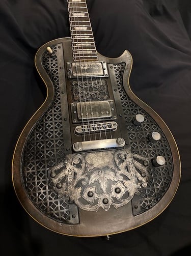 Silverback Ironbrand is a custom les Paul guitar using dark industrial aesthetics front view