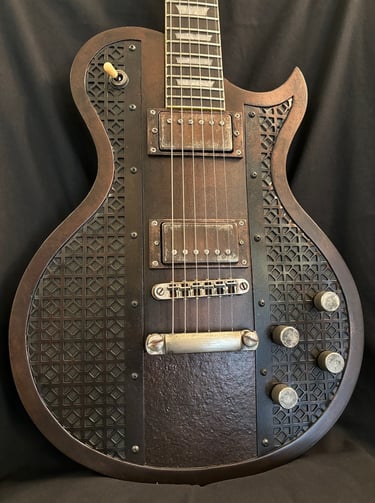 Ironbrand is a custom Les Paul design using Dark Industrial aesthetics front view