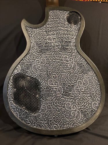 Silverback Ironbrand is a custom les Paul guitar using dark industrial aesthetics back view