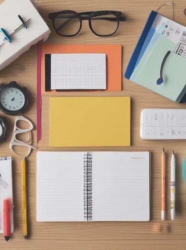 A blue notebook with rounded corners is wrapped in a white paper band. The band contains text in Spanish describing the product as a package of five sewn notebooks with 100 pages each, made with 90g bond paper, manufactured in Mexico. The design includes a minimalist, geometric logo.