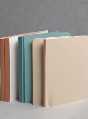 A blue notebook with rounded corners is wrapped in a white paper band. The band contains text in Spanish describing the product as a package of five sewn notebooks with 100 pages each, made with 90g bond paper, manufactured in Mexico. The design includes a minimalist, geometric logo.