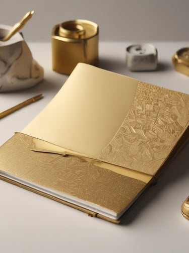 A blue notebook with rounded corners is wrapped in a white paper band. The band contains text in Spanish describing the product as a package of five sewn notebooks with 100 pages each, made with 90g bond paper, manufactured in Mexico. The design includes a minimalist, geometric logo.