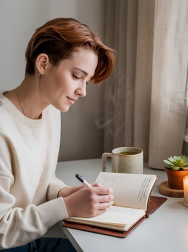 A woman writes in a leather journal near a window with a candle and steaming tea.