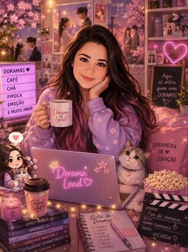 An anime-style girl holding a coffee mug while watching Korean dramas on a laptop in a pink aesthetic room.