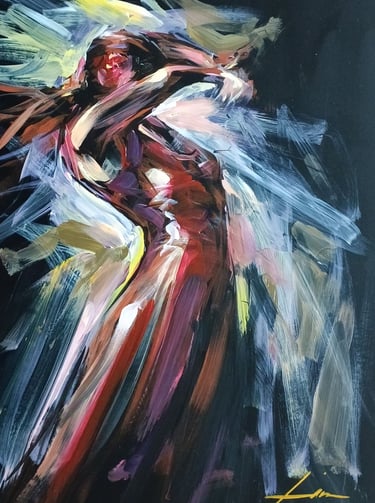 Pintura abstracta de una figura flamenca con trazos vibrantes que representan el quejío y la expresión del arte de Sevilla.