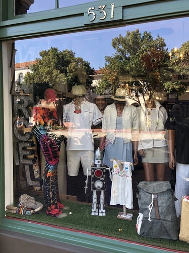 Talbotics robot sculpture window display at Marcel Hemp store in Santa Barbara.