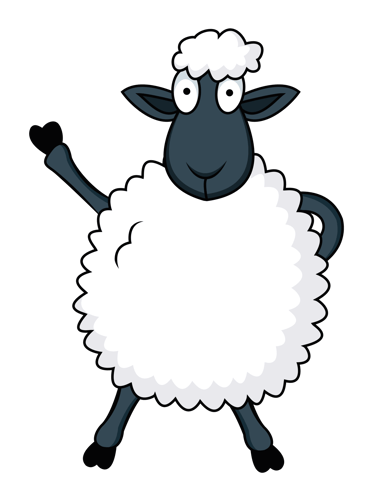 Cute cartoon sheep with fluffy white wool and a black face waving its hoof.