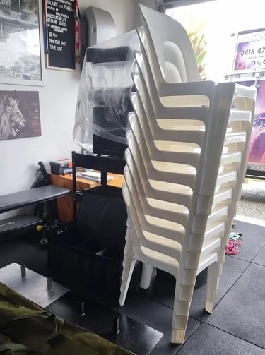 Stackable plastic event chairs available to be hired across Redlands and Brisbane.