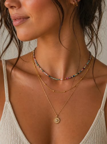 layered gold necklaces with a colorful beaded choker and sunburst pendant.
