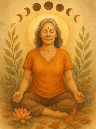 Ilustración en acuarela de una mujer meditando, rodeada de elementos naturales como hojas secas y flores de loto. Detrás de e