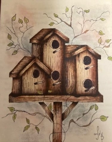 Birdhouse and leaves acrylic painting