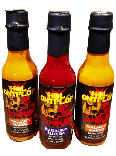 Holontplof hot sauce 5oz bottles on display