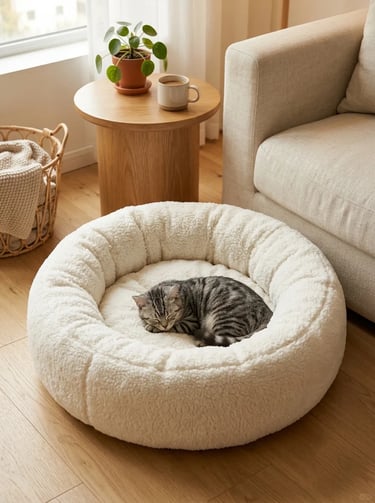 Cat sleeping in a soft round pet bed beside a sofa, creating a warm and comfortable pet corner in a 