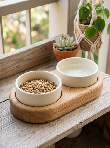 Pet feeding corner with ceramic food and water bowls on a wooden tray, surrounded by small plants an