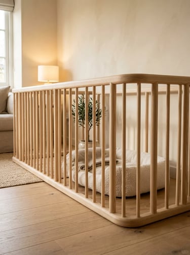 Wooden indoor pet playpen with a soft pet bed, warm lighting and natural home decor for a safe and c