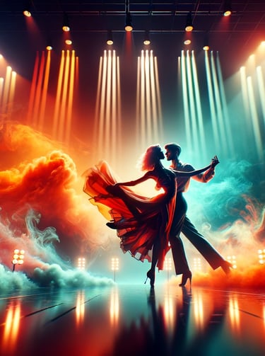 a ballroom dance couple dancing on a beautiful stage with cyan and orange smoke and lights setting the stage
