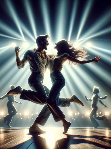 happy couple dancing enthusiastically on a brightly lit stage