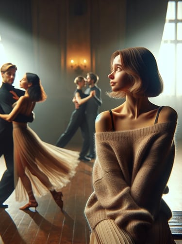 a female dance beginner who looks longingly to the dance floor of a ballroom dance class