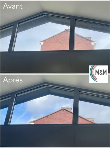 Avant après nettoyage de vitres en hauteur M&M services pro Rouen