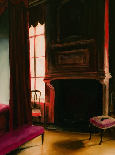 a painting of a room with a couch and a chair with pistol